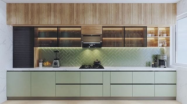 20 Modern Sage Green Kitchen Ideas: Sleek & Calming Designs 9 Sage Green Tone with Play of Subway Tiles and Natural Pine