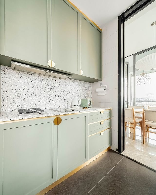 20 Modern Sage Green Kitchen Ideas: Sleek & Calming Designs 13 Sage with Golden Outline