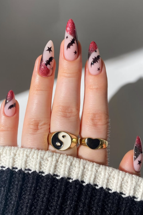30 Halloween Nail Art Ideas 2025 for a Hauntingly Good Look 26 Stars and Bats Sparkle