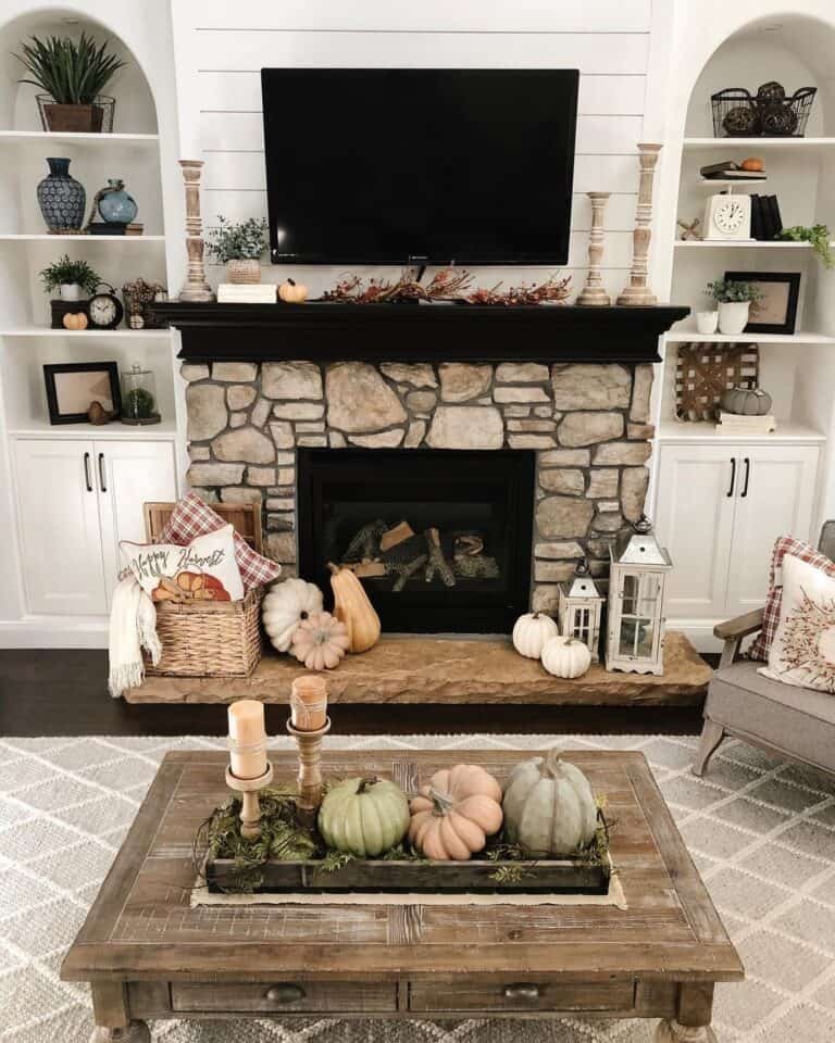 30 Fall Coffee Table Decor Ideas to Warm Up Your Home 18 Stone Fireplace with Rustic Table