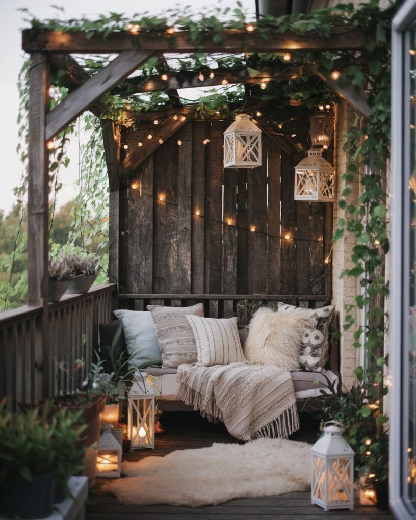 15 Easy Boho Balcony Decor Ideas: Create Your Cozy Outdoor Haven 14 String Lights