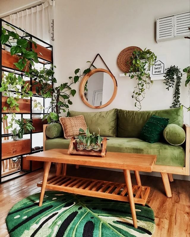 20 Modern Green Living Room Ideas: Sleek & Inviting Designs 13 Urban Jungle with Pistachio Couch