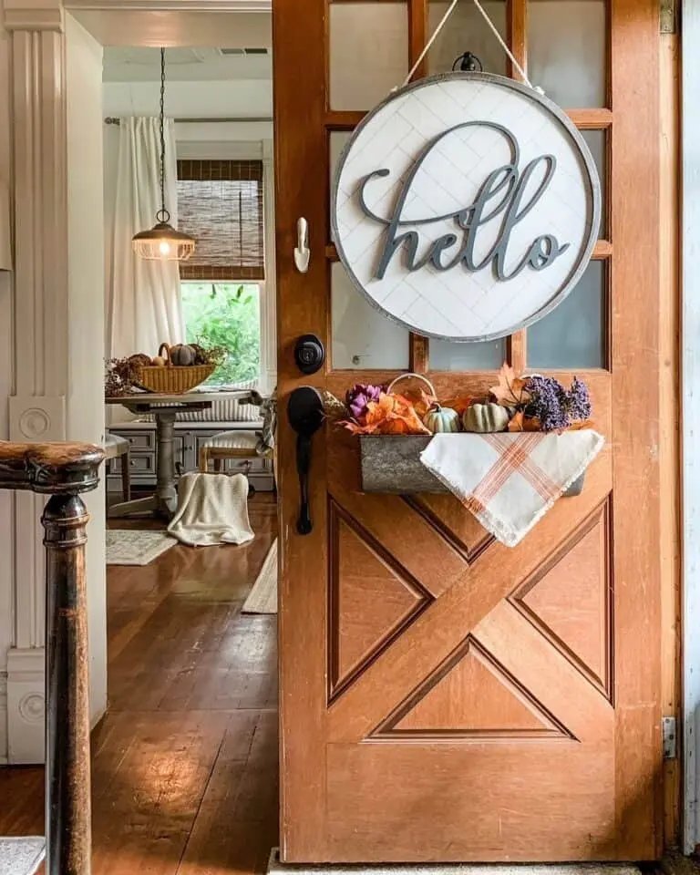 From Simple to Showstopper: 25 Easy Fall Door Decor Ideas 15 Wood Door with Tin Planter