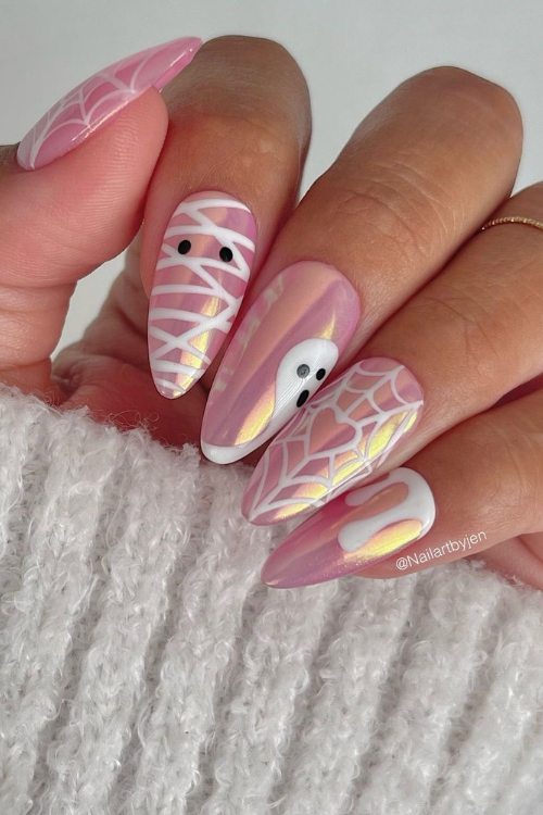 30 Halloween Nail Art Ideas 2025 for a Hauntingly Good Look 1 glazed ghost mani