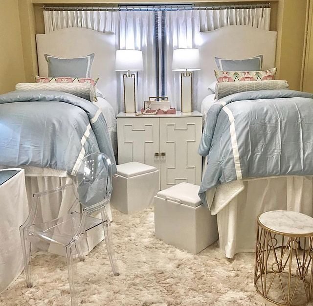 15 Blue Dorm Room Ideas for the Ultimate Student Sanctuary 9 Glam Blue High Bed