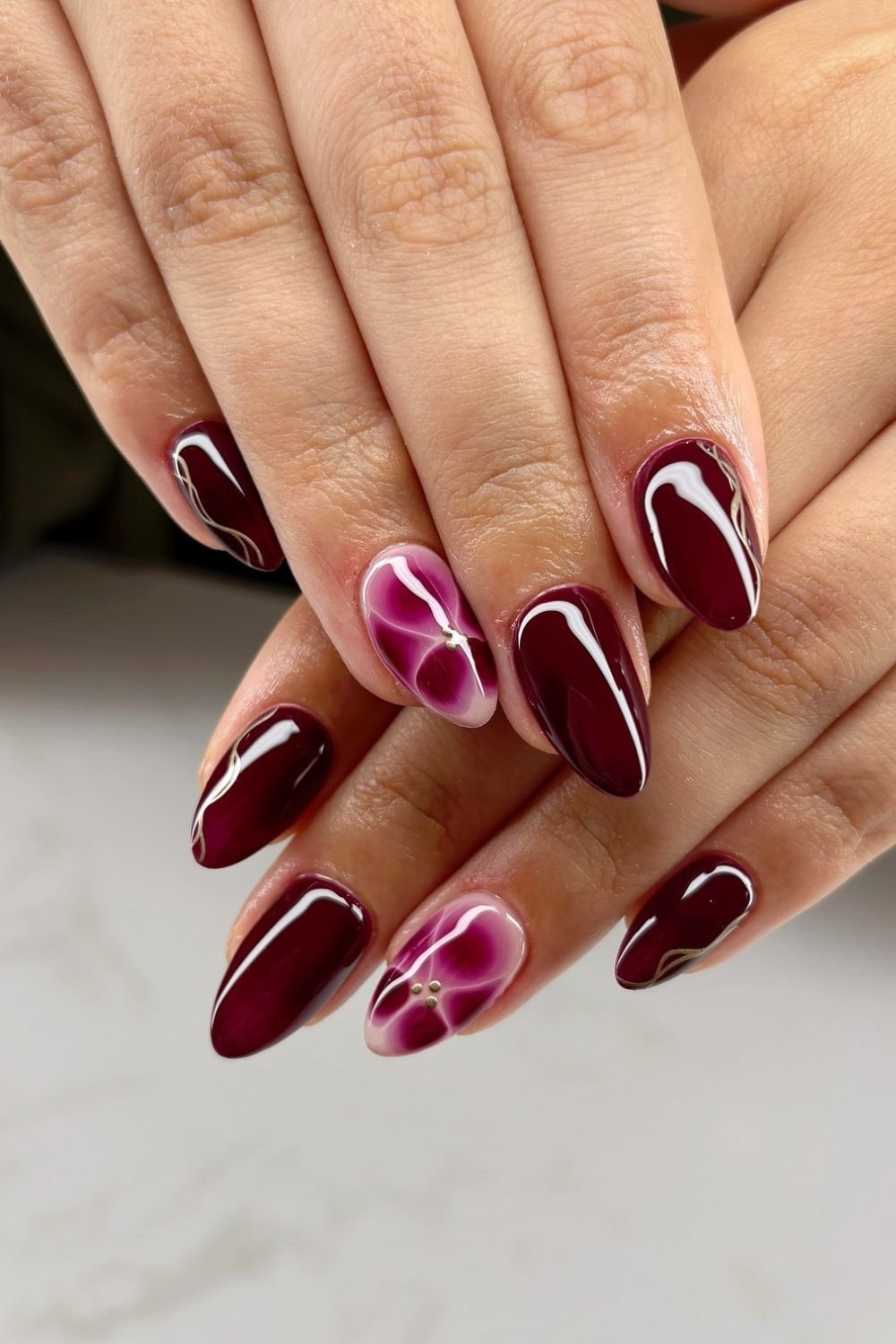 25 Cherry Mocha Nail Designs for Every Season 17 Floral Accent Glam