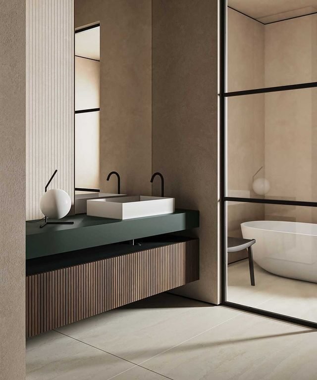 20 Beautiful Japandi Bathroom Ideas for Modern Homes 7 Fluted Wood And Black Sink