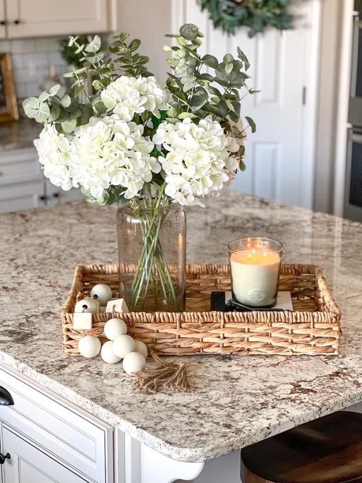 20 Beautiful Kitchen Island Centerpiece Designs 4 Faux Flowers in Glass Vase