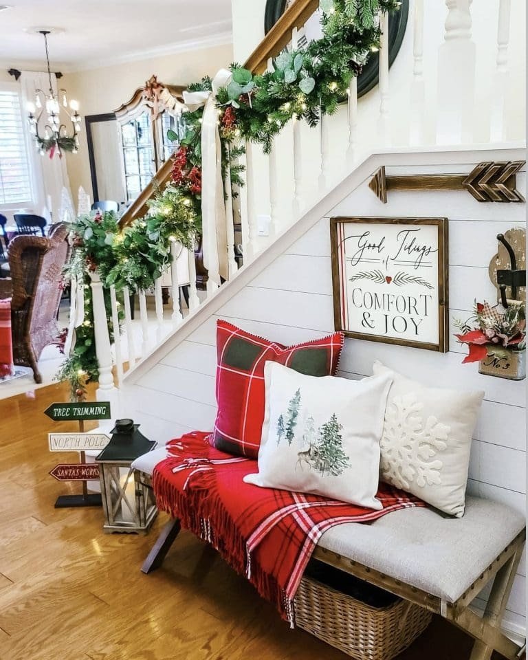 25 Christmas Entryway Decor Ideas for a Festive Welcome 8 Plaid Blankets and Pillows