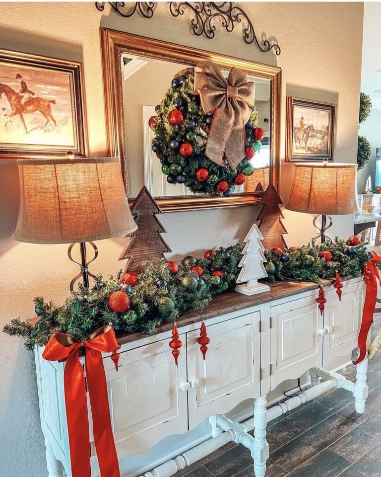 25 Christmas Entryway Decor Ideas for a Festive Welcome 25 Wreath on Mirror