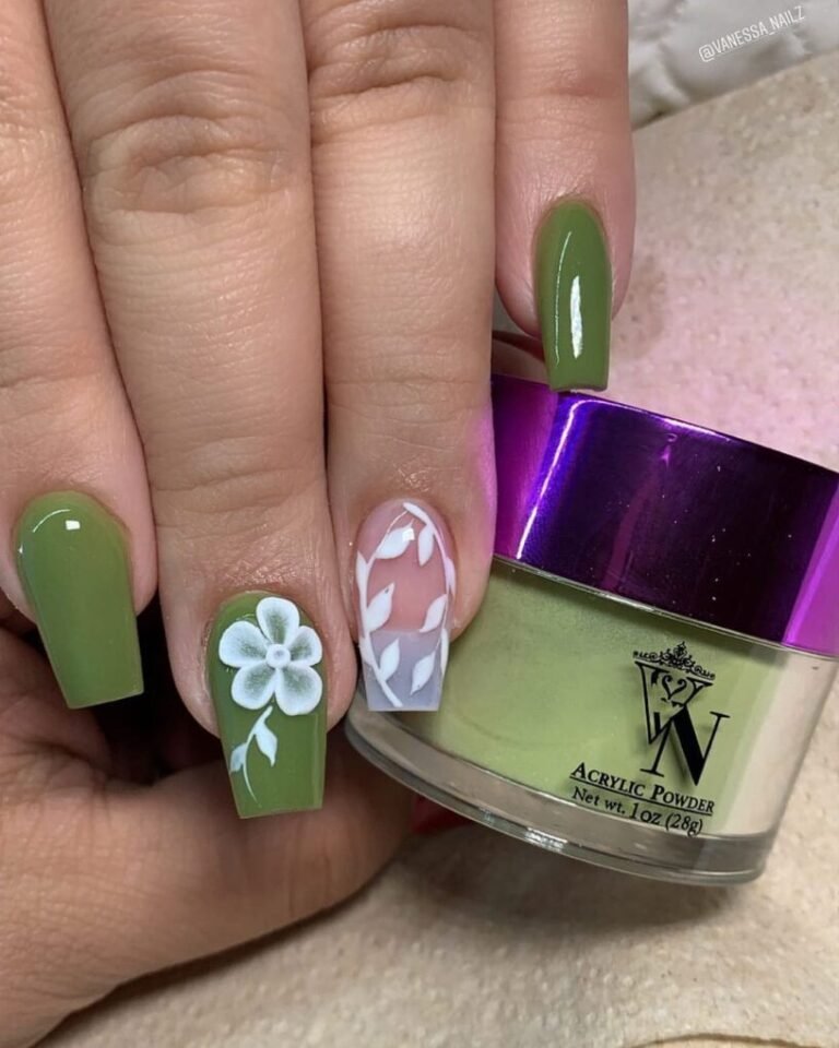 20 Trendy Olive Green Nails You’ll Want to Try Now 3 Olive Green with Floral Designs