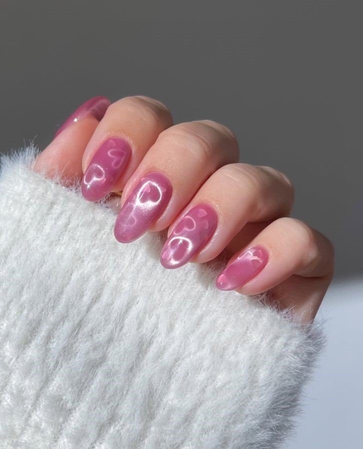 20 Pink Nail Ideas for Every Style and Season 6 Pink Glass Confetti Hearts
