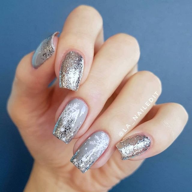 30 Winter Dip Nail Designs That Will Warm Up Your Style 25 Silver Snowflake Winter Dip Nails