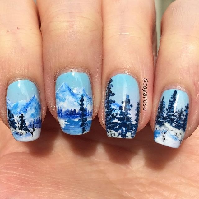 30 Winter Dip Nail Designs That Will Warm Up Your Style 8 Snowy Mountain Winter Dip Nails