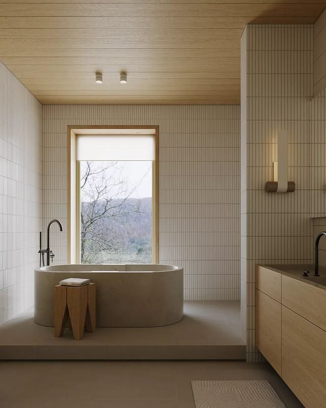 20 Beautiful Japandi Bathroom Ideas for Modern Homes 9 Stack Bond Tile Pattern