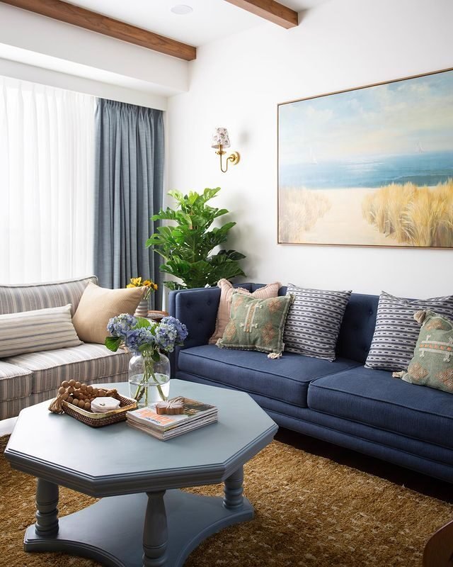 15 Boho Coastal Living Room Ideas for a Relaxed Beach Vibe 8 Transitional Gypsy Tides with Blue Couch