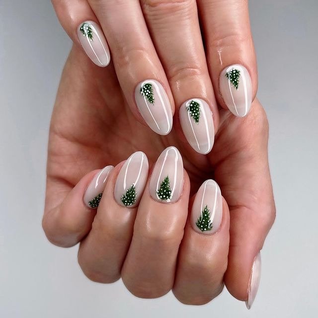 Nude Nails with Hand-painted Pine Trees