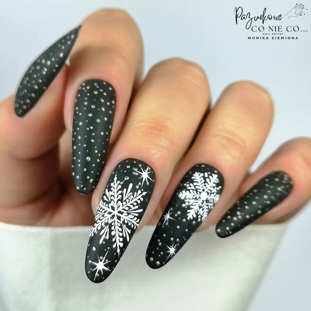 Matte Black Nails with White Snowflake Decals