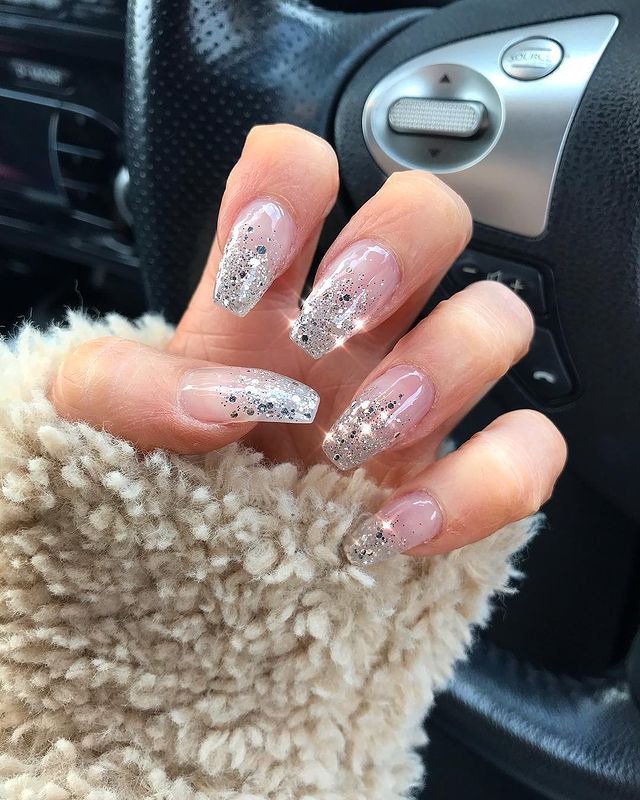 Neutral Nails with a Silver Glitter Gradient