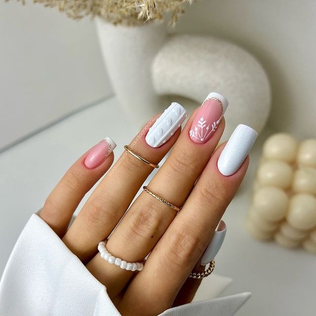 Neutral Nails with Snowflakes Accent