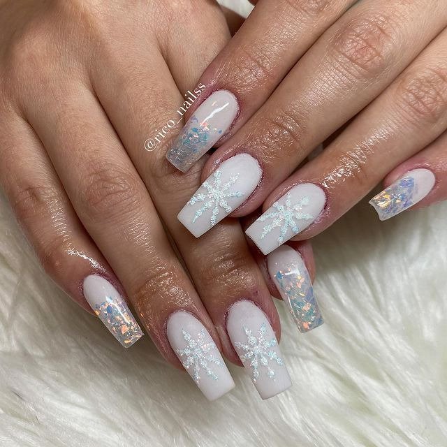 White Nails with Snowflakes Decals