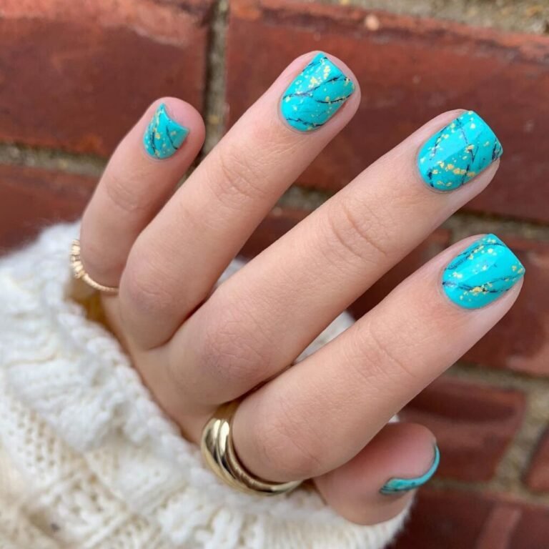 20 Stunning Turquoise Nail Ideas for a Fresh, Chic Look 7 Splash of Gold Flakes