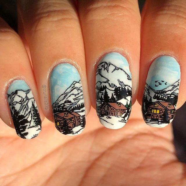 25 Funky Winter Manicure Designs You’ll Want to Try 3 Snowy Mountain Landscapes Nails