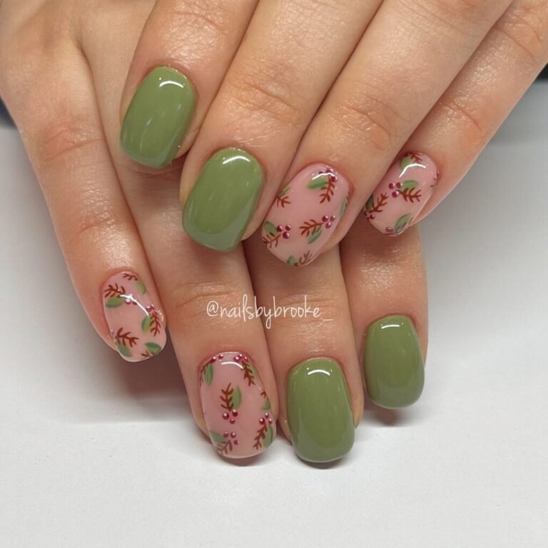 25 Festive Green Christmas Nails to Brighten the Holidays 2 Holly and Berries Nails