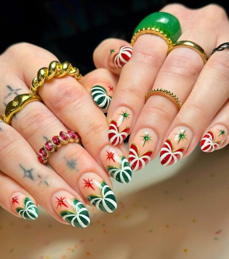 25 Festive Green Christmas Nails to Brighten the Holidays 6 Peppermint Candy Nails