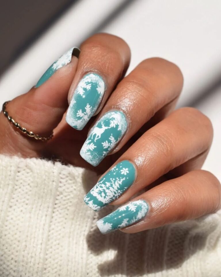 25 Festive Green Christmas Nails to Brighten the Holidays 7 Winter Forest Scene Nails
