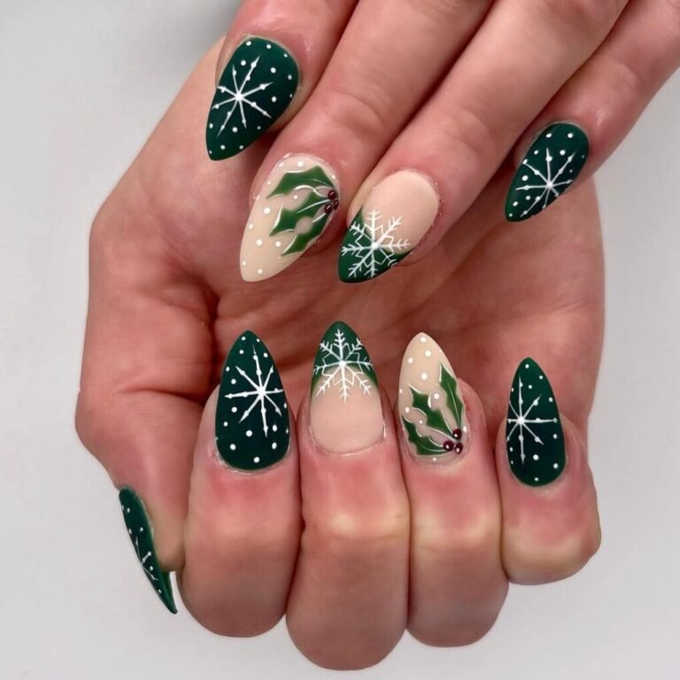 25 Festive Green Christmas Nails to Brighten the Holidays 25 Snowflake Accent Nails