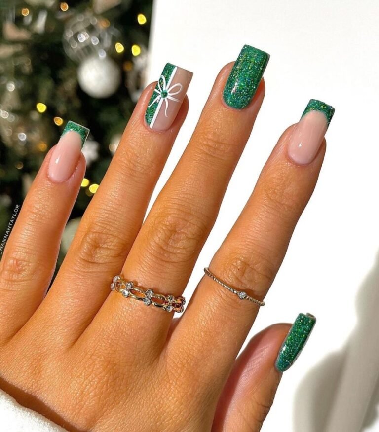 25 Festive Green Christmas Nails to Brighten the Holidays 16 Gift Wrap Glam Nails