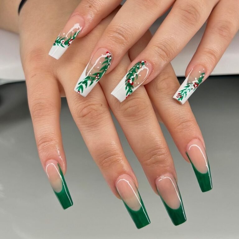 25 Festive Green Christmas Nails to Brighten the Holidays 14 Frosted Fern Nails