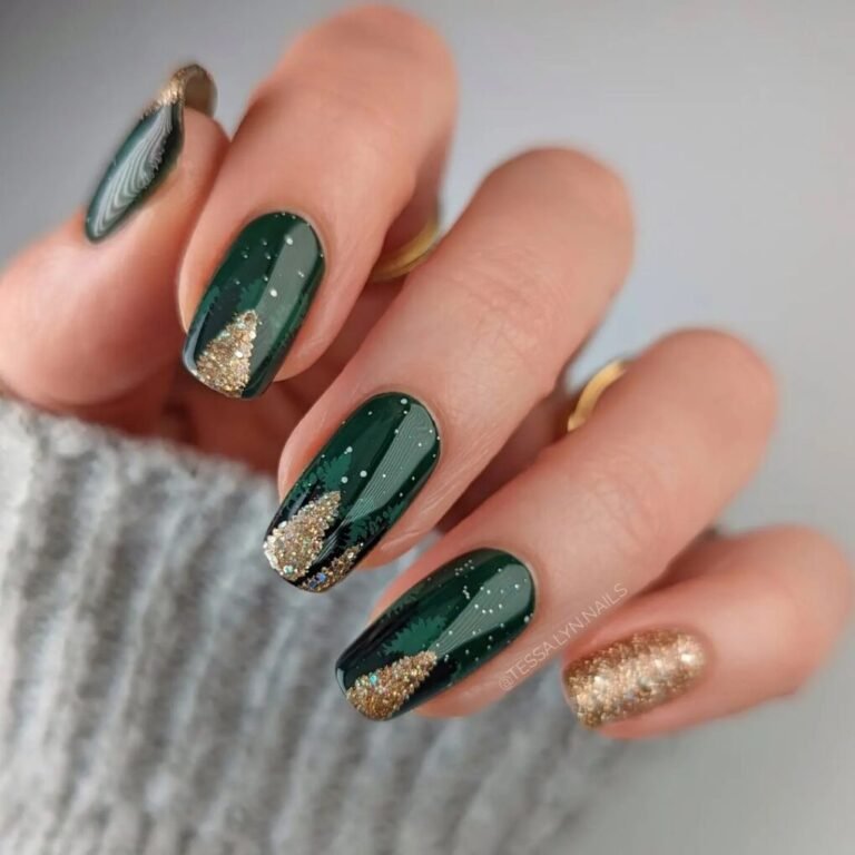 25 Festive Green Christmas Nails to Brighten the Holidays 13 Glittering Forest Nails
