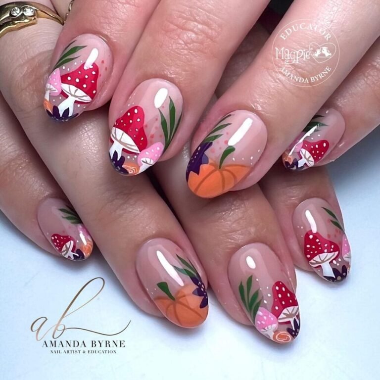 22 Bold Nail Art Designs That Scream Confidence 19 Pumpkin & Mushroom Patch
