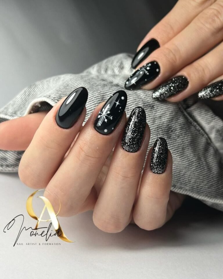 20 Elegant Black and White Christmas Nail Designs for 2025 11 Midnight Sparkle
