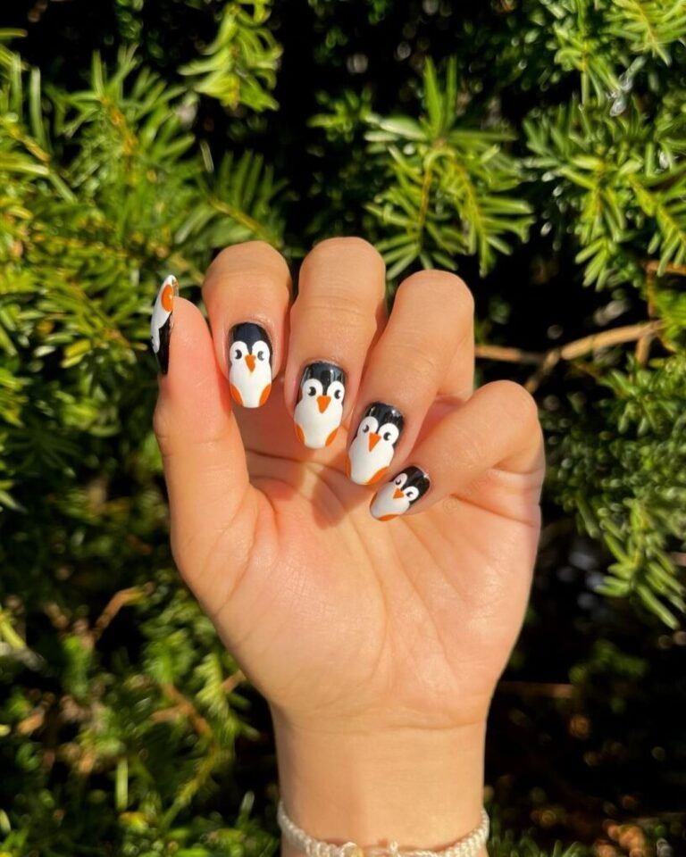 20 Elegant Black and White Christmas Nail Designs for 2025 6 Penguin Parade