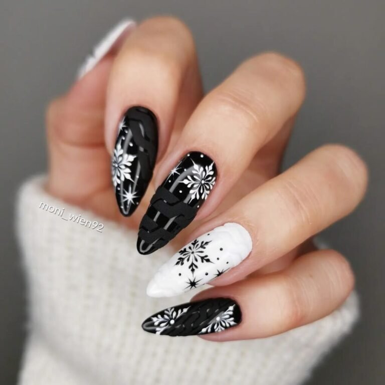20 Elegant Black and White Christmas Nail Designs for 2025 20 Frosty Flakes