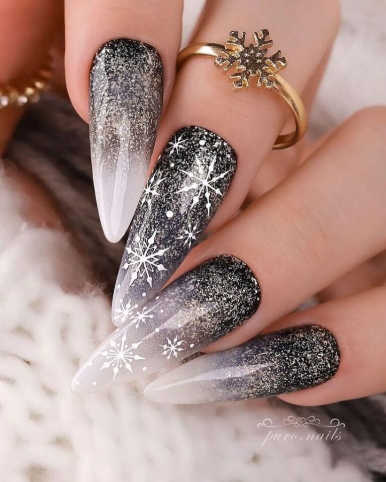 20 Elegant Black and White Christmas Nail Designs for 2025 17 Snowy Black Christmas