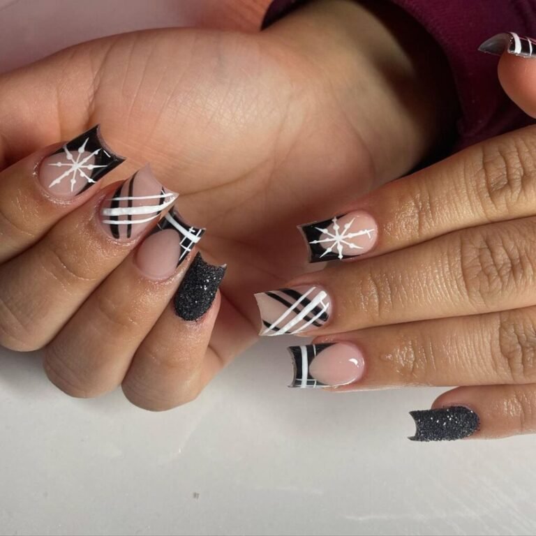 20 Elegant Black and White Christmas Nail Designs for 2025 15 Christmas Crisscross