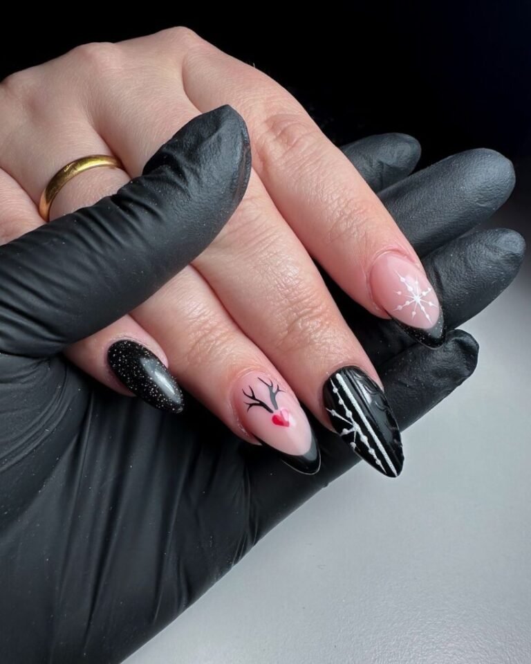 20 Elegant Black and White Christmas Nail Designs for 2025 14 Reindeer Accent