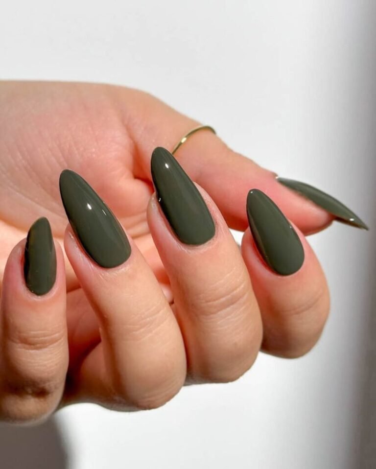 20 Trendy Olive Green Nails You’ll Want to Try Now 11 Olive Green Glossy Nails