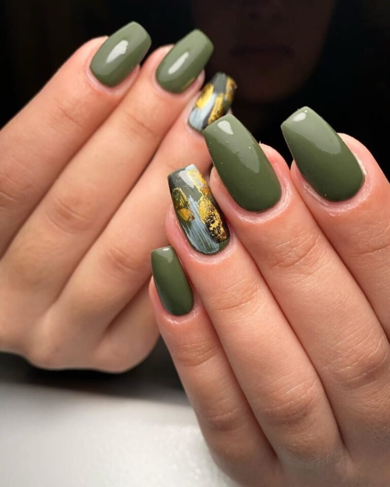 20 Trendy Olive Green Nails You’ll Want to Try Now 6 Olive Green with Metallic Foil