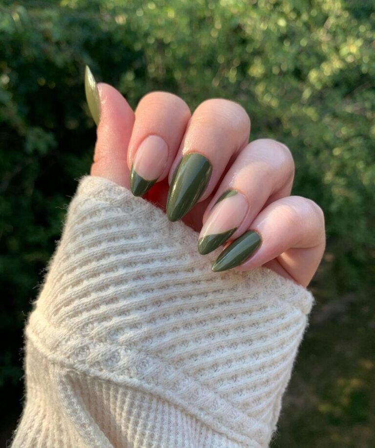 20 Trendy Olive Green Nails You’ll Want to Try Now 7 Olive Green with Negative Space Designs
