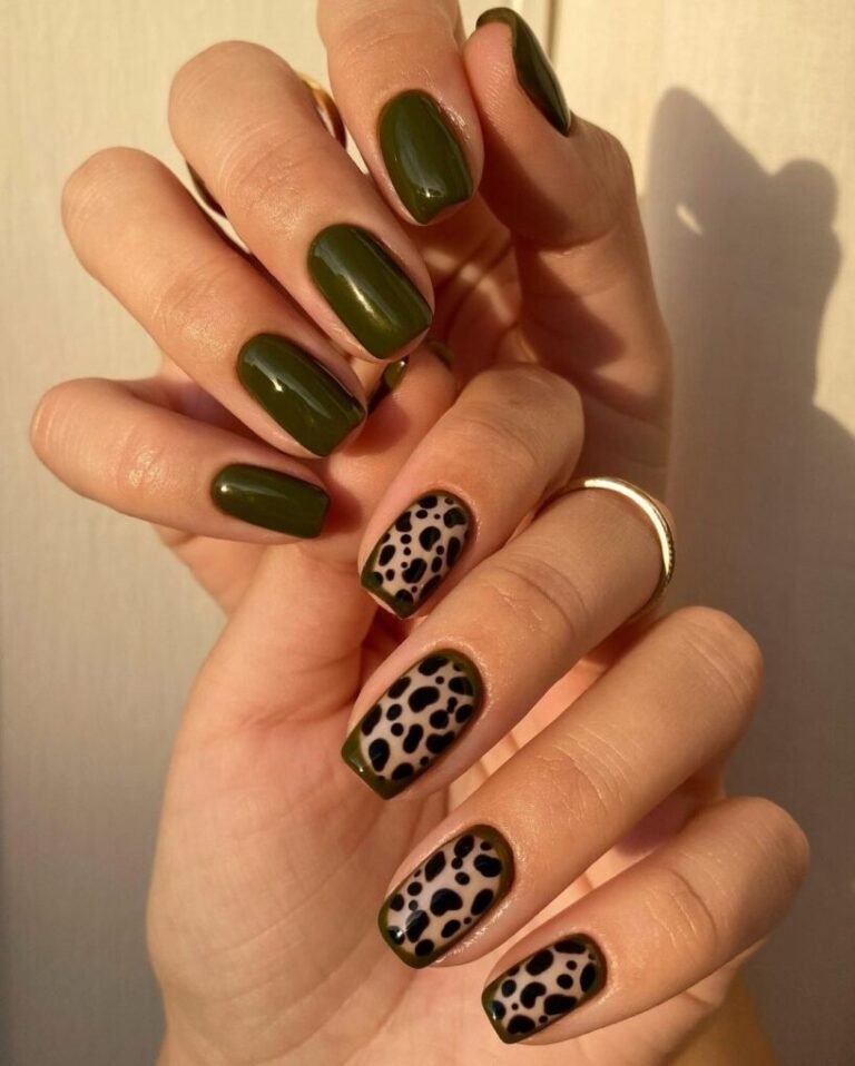 20 Trendy Olive Green Nails You’ll Want to Try Now 8 Olive Green with Animal Print