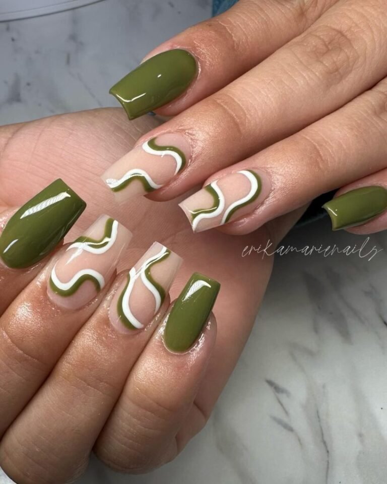 20 Trendy Olive Green Nails You’ll Want to Try Now 9 Olive Green with White Swirl