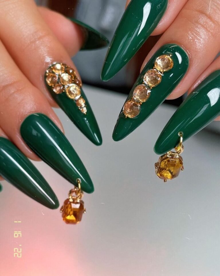 20 Trendy Olive Green Nails You’ll Want to Try Now 21 Olive Green with Gold Studs