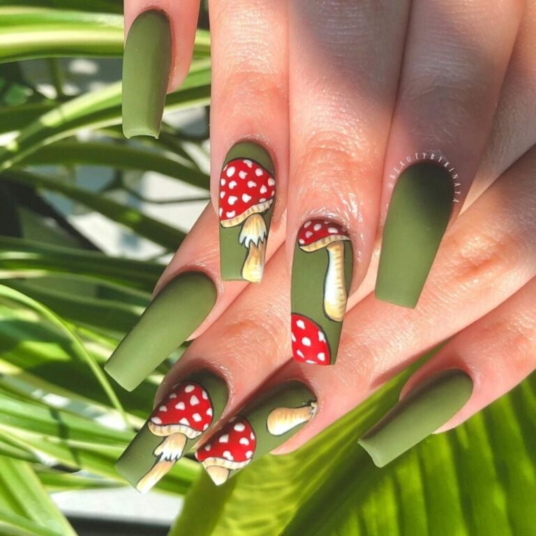 20 Trendy Olive Green Nails You’ll Want to Try Now 20 Olive Green with Hand-Painted Mushrooms