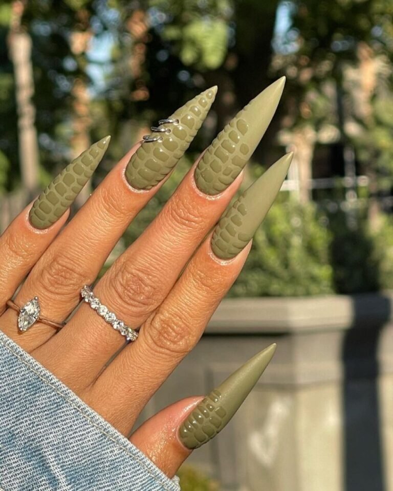 20 Trendy Olive Green Nails You’ll Want to Try Now 18 Olive Green Crocs Nails