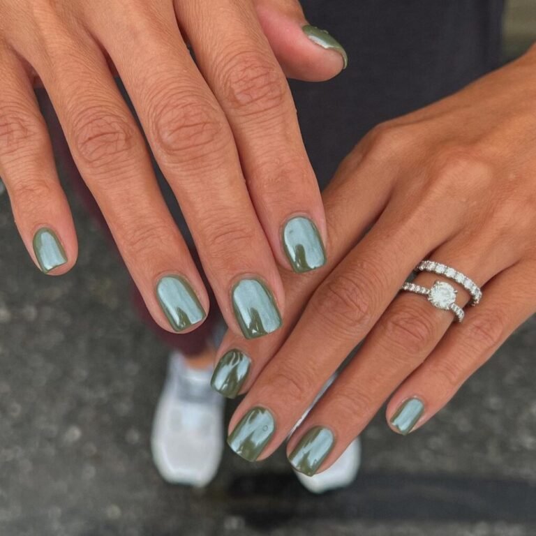 20 Trendy Olive Green Nails You’ll Want to Try Now 15 Olive Green with Chrome Effect